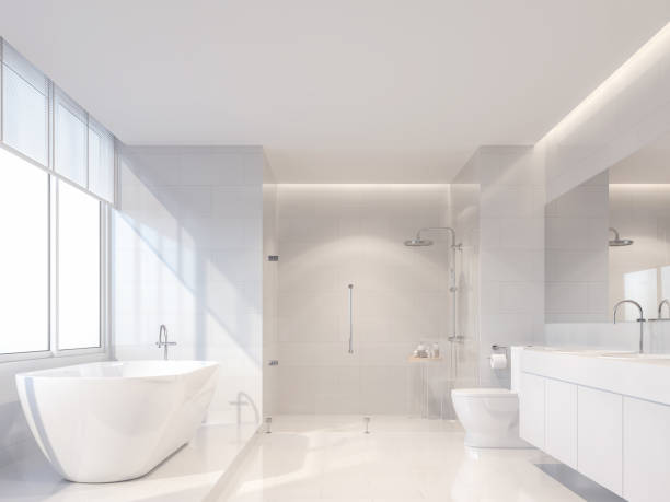 nowoczesna luksusowa biała łazienka 3d render - bathroom contemporary sparse bathtub zdjęcia i obrazy z banku zdjęć