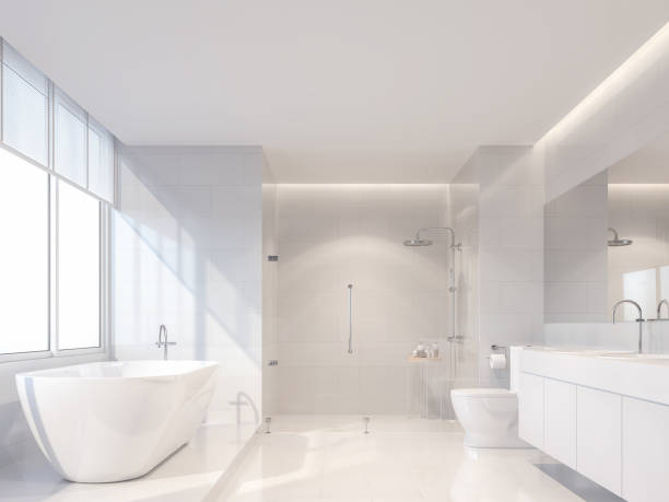 modern luxury white bathroom 3d render - beautiful decor shower design imagens e fotografias de stock