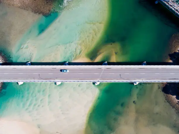 Aerial photograph of a coastal bridge in Tasmania, Australia