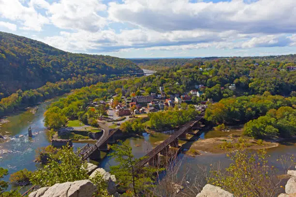 Photo of Potomac and Shenandoah rivers meet each other at Harpers Ferry historic town and park, West Virginia, USA.
