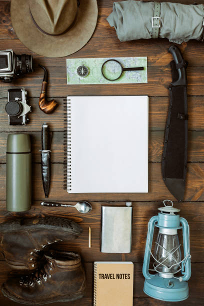 istock Camping gear on wooden floor background 1000401458