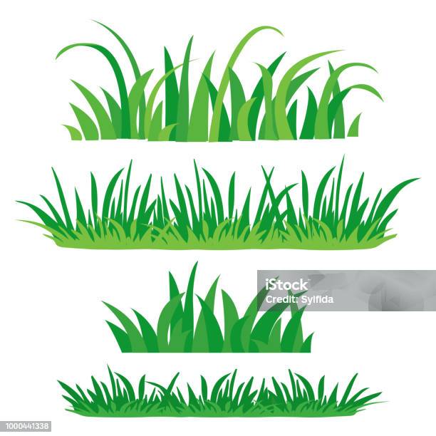 Fragments Of Green Grass Set Of Design Elements Of Nature Colored Flat Set Isolated On White Background Vector Illustration - Arte vetorial de stock e mais imagens de Relva