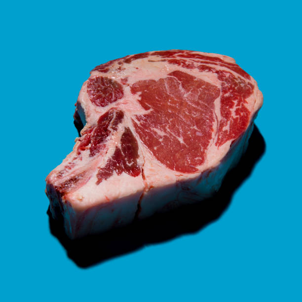 This is a close up photo of the T-bone steak on a bright blue background