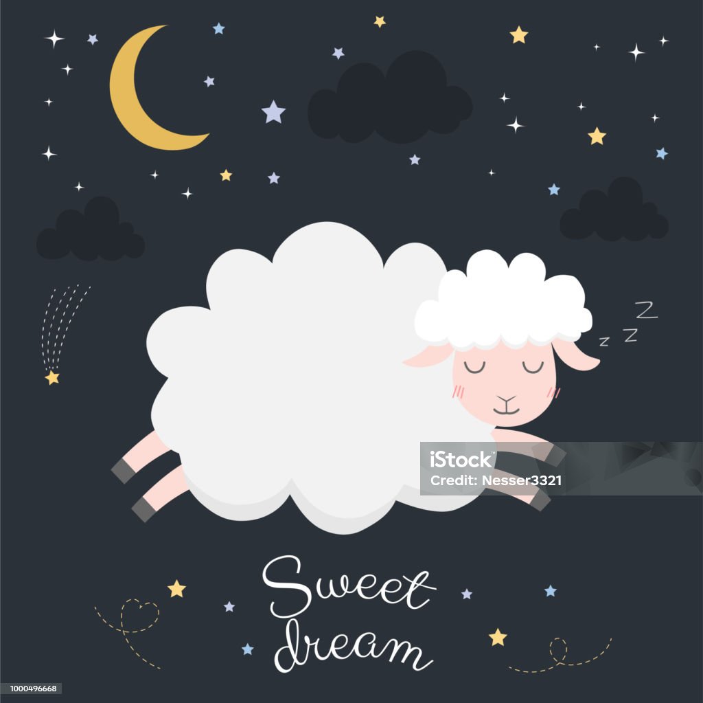 cute sheep on night with moon. Sheep stock vector