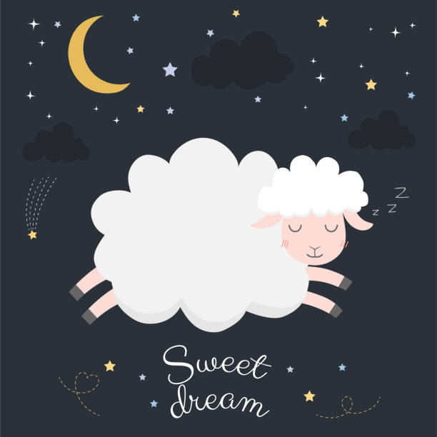 cute sheep on night with moon. cute sheep on night with moon. sheep illustrations stock illustrations