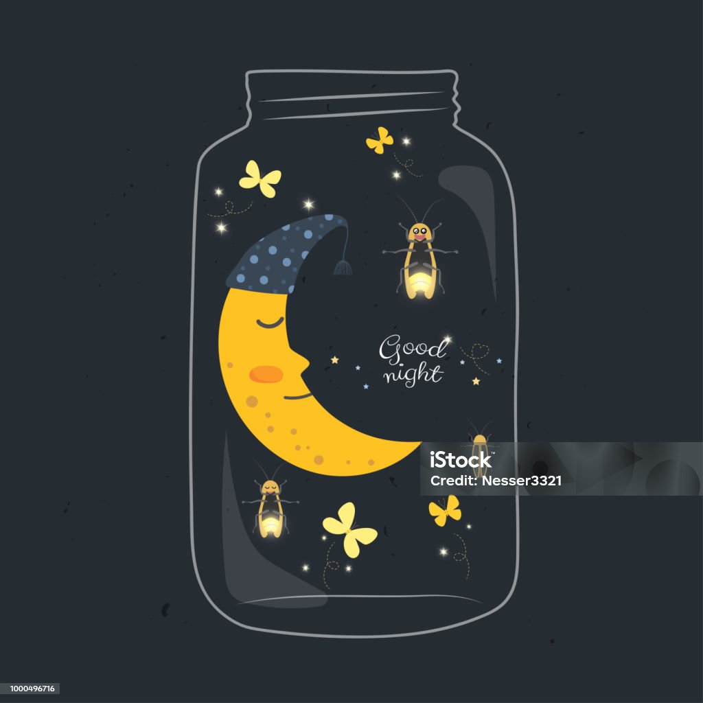 Jar Với Mặt Trăng Mỉm Cười Và Đom Đóm Trong Đêm Hình minh họa Sẵn ...