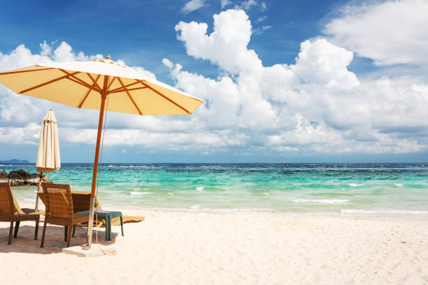 beach chair, umbrella on the beach and the bright green sea, on a good day. - lpn imagens e fotografias de stock