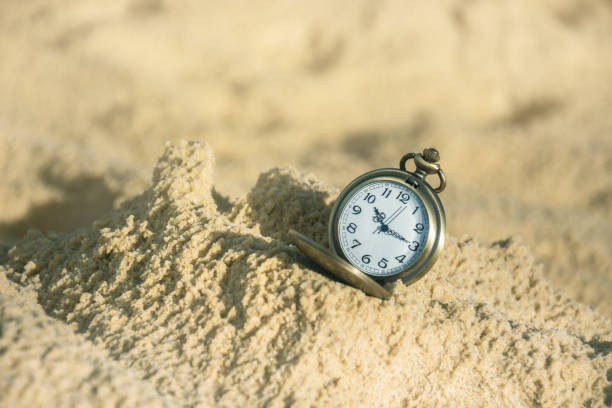 istock Vintage Pocket Watch On Sand With Soft Light In Morning Background. 1000520192