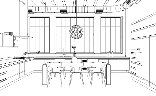 Interior Design modern Kitchen Drawing Plan 3D Illustration