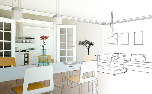 Interior Design Living Room Drawing Gradation Into Photograph 3D Illustration