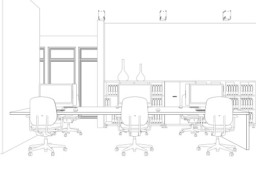 Interior Design big Office Room with desks custom Drawing 3D Illustration