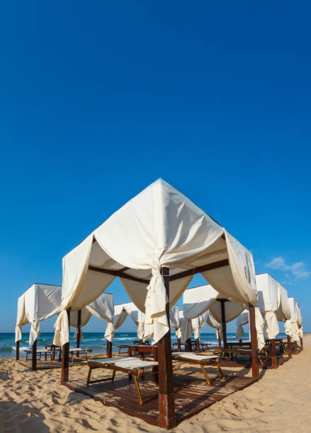istock Beach canopies on white sandy beach 1000579866
