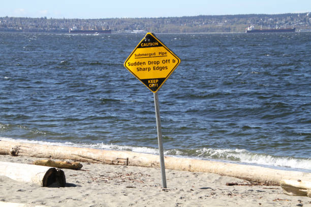 istock A yellow and black sign indicating a submerged pipe