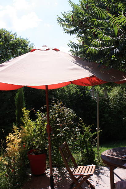 istock Parasol on a garden terrace Hot weather 1000615374