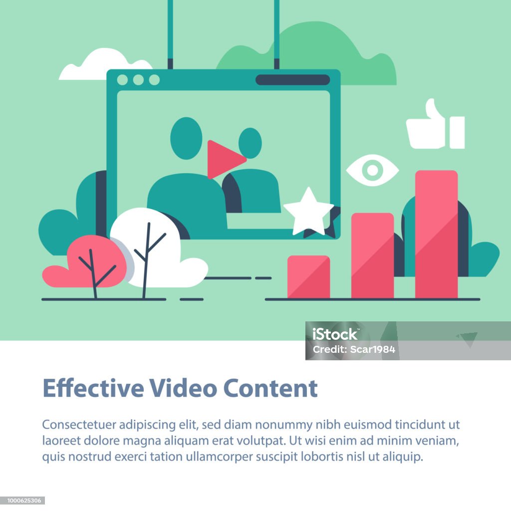 Video content, production and promotion, online film watching, more likes and views Video content, vlog concept,  production and promotion, entertainment online channel, watching films, top chart, more likes and views, vector icon, flat illustration Advertisement stock vector