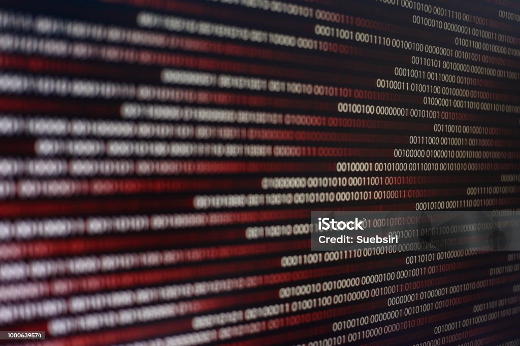 Blocks Of Binary Data Blockchain Concept Red Background With Computer ...