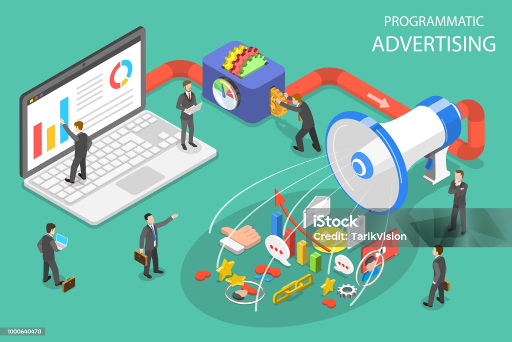 Programmatic advertising flat isometric vector concept. Flat isometric vector concept of programmatic advertising, social media campaign. Marketing stock vector