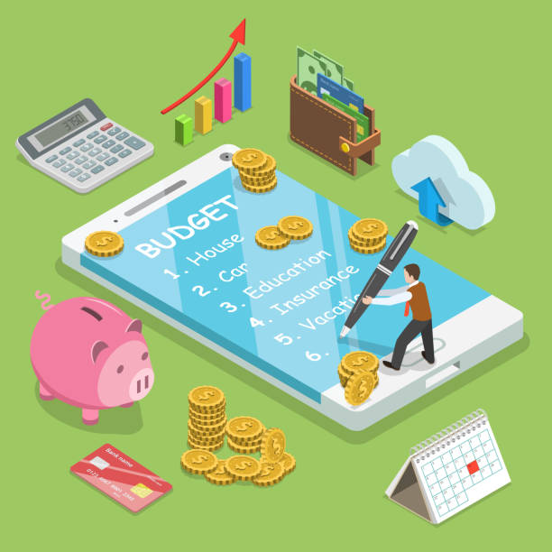 Online family budget flat isometric vector concept Online family budget flat isometric vector concept. Man is planning the family budget and write down it into the smartphone. budget drawings stock illustrations