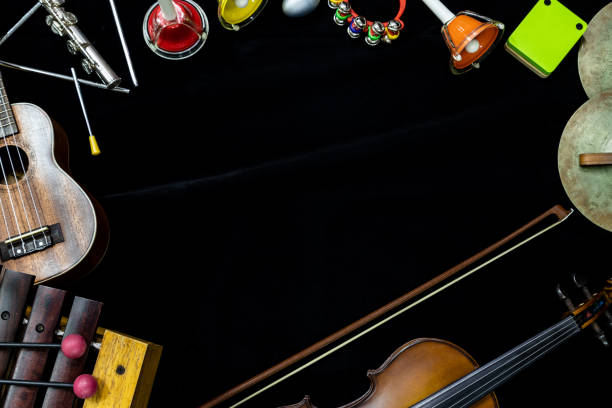istock Top view of violin guitar and ukulele with percussion instruments on the black background 1000652252