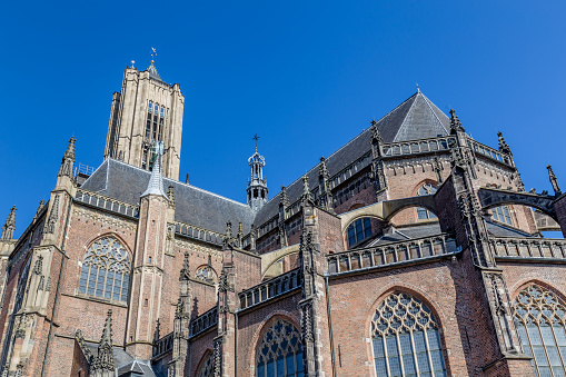 View at the bell towers and part of the church of the Catholic Maria Laach Abbey near Glees in Germany. The abbey dates back to the year1100 and is now a monastery of the Benedictine Confederation.