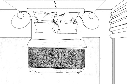 3d render. Bedroom sketch. Top view