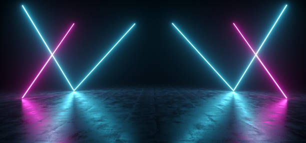 futurystyczny sci fi niebieski i fioletowy neon lampy tube świecące w betonowym pokoju podłogowym z odbiciami puste miejsce renderowanie 3d - wall corridor tunnel glass zdjęcia i obrazy z banku zdjęć