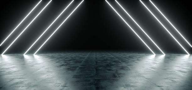 istock Futuristic Sci Fi Triangle White Neon Tube Lights Glowing In Concrete Floor Room With Reflections Empty Space 3D Rendering 1000694216