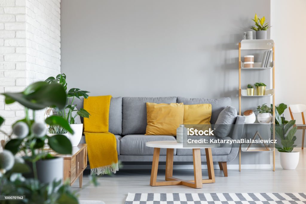 Orange pillows and blanket on grey couch in living room interior with wooden table. Real photo Living Room Stock Photo