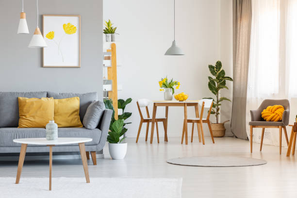open ruimte woon- en eetkamer interieur met grijze bank, houten tafels, witte stoelen en planten. echte foto - decor stockfoto's en -beelden