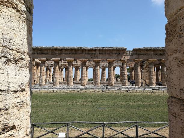 паестум - взгляд из храма геры - temple of neptune стоковые фото и изображения