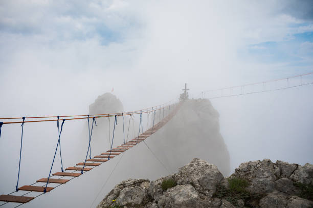 Crimea. Ai-Petri Tourist route to the top of the mountain. Rope bridge in the clouds. Crimea. Ai-Petri ravine stock pictures, royalty-free photos & images
