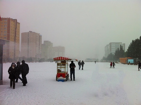 Beylikduzu, Istanbul, Turkey - December 20, 2012: A snowy winter day at town square.