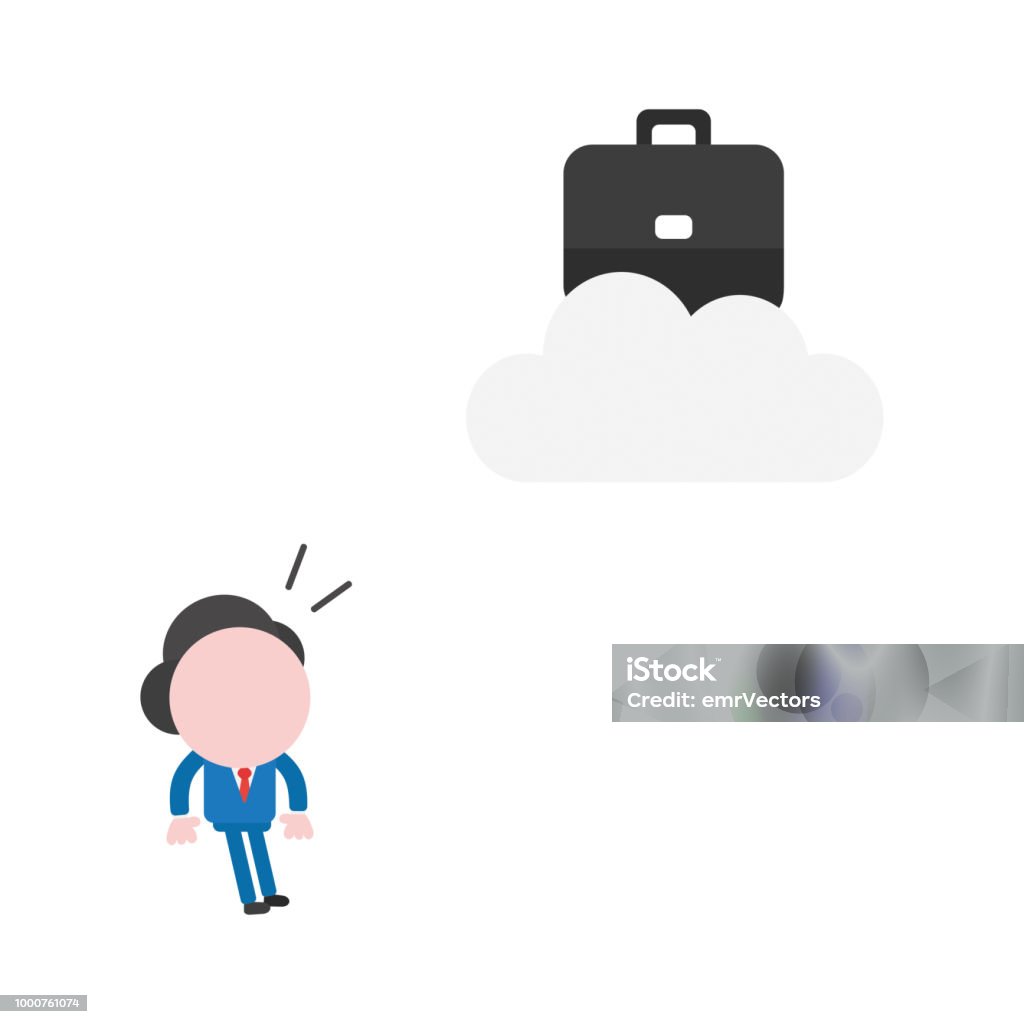 Vector illustration businessman looking briefcase on cloud Vector illustration concept of businessman character looking black briefcase on gray cloud icon. Agreement stock vector