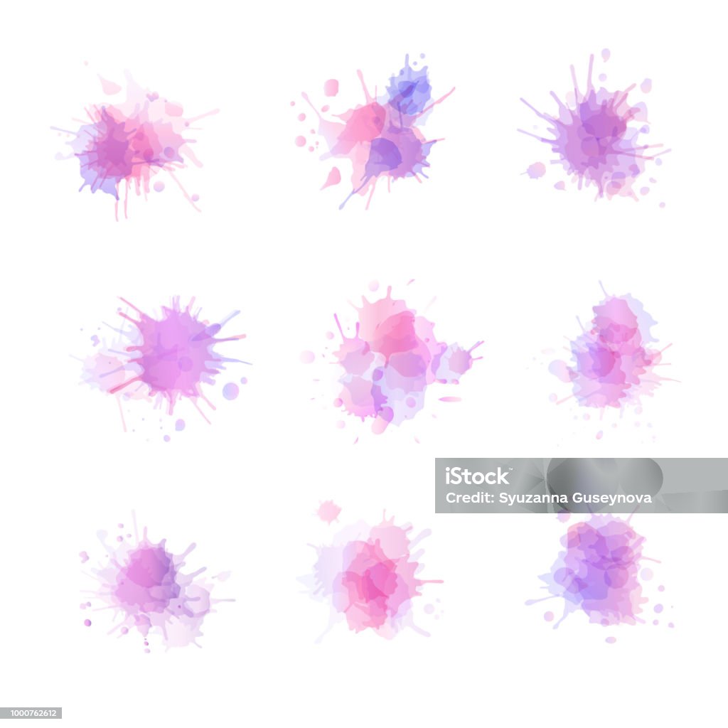 Set of watercolor splash blots. Vector illustration. Set of vector watercolor splash blots. Pink and violet paint stains collection isplated on white background. Watercolor Paints stock vector