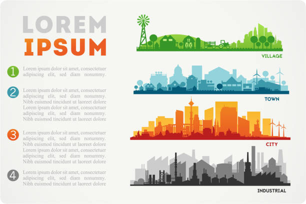 City Skyline Illustration Abstract stylish cityscape infographics. Infographics elements collection with town, city, farm and industrial districts, with infographics elements and industry icons agriculture illustrations stock illustrations