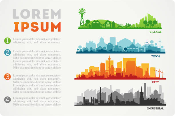 City Skyline Illustration Abstract stylish cityscape infographics. Infographics elements collection with town, city, farm and industrial districts, with infographics elements and industry icons economic development city stock illustrations