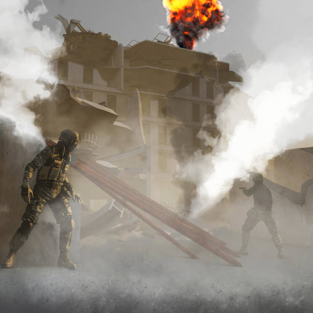 Debris, war zone with soldiers, buildings, bombings, terrorism. Military in combat actions
