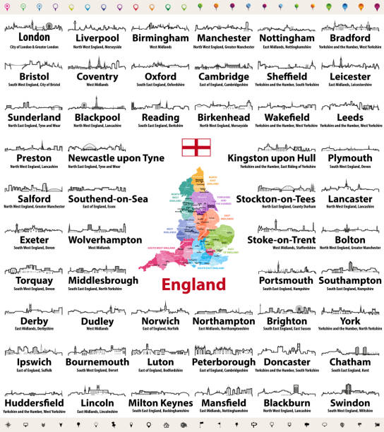 städten in england abstrakte skyline-silhouetten-symbole. landkarte von england mit allen größeren städten und verwaltungseinheiten grenzen - sunderland stock-grafiken, -clipart, -cartoons und -symbole