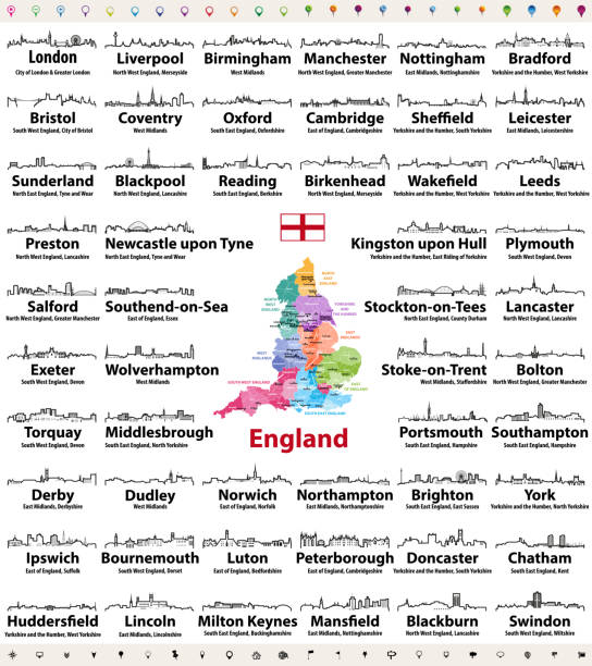 anglia dużych miast abstrakcyjne panoramy sylwetki ikony. mapa anglii ze wszystkimi głównymi miastami i podziałami administracyjnymi - york england illustrations stock illustrations