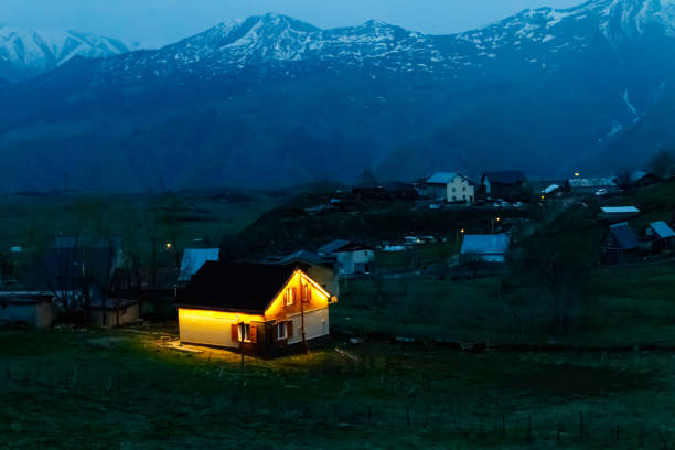 View on the mountain village at night in Georgia