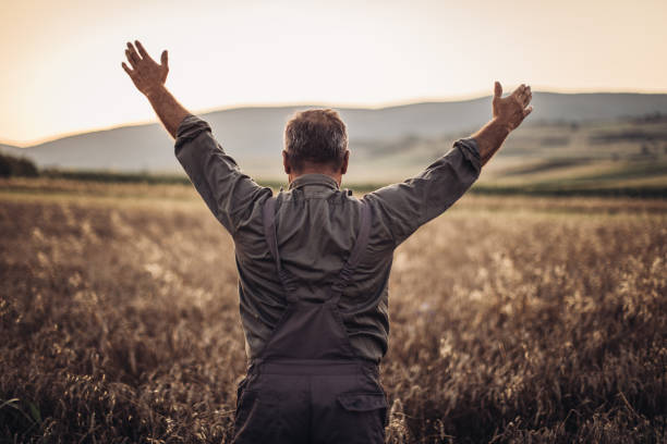 istock Farmer in yellow wheat meadow .Freedom concept 1000814448