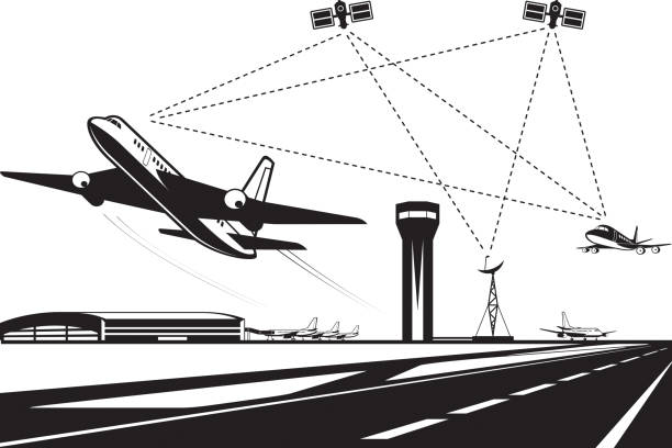 управление воздушным движением - air traffic control tower airport runway air travel stock illustrations