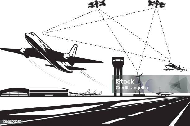 Air Traffic Management Stock Illustration - Download Image Now - Airplane, Satellite, Air Traffic Control Tower