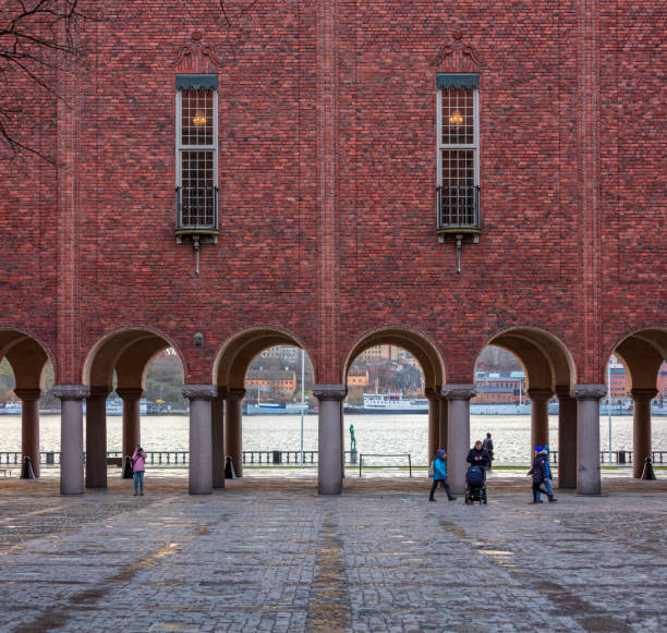 Stockholm, Sweden - December 09, 2017: People in inner courtyard of Stockholm City Hall, Sweden