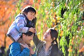 日本の家族が上野公園の秋の色でリラックス