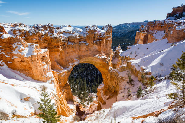 Nature Bridge Rock Formation at Bryce Canyon National Park With Snow In Winter, Utah, USA. Natural Bridge is One of Several Natural Arches in Bryce Canyon and Creates a Beautiful Scene at this viewpoint. landscape arch photos stock pictures, royalty-free photos & images
