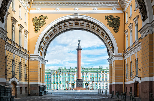 Alexander column with an angel on the Palace Square in St. Petersburg. View through the arch of the General Staff.