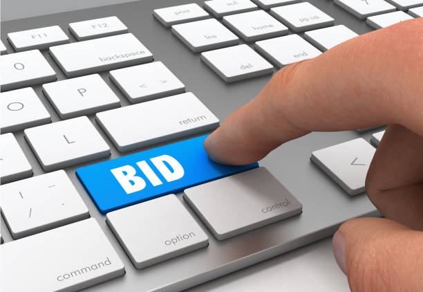 bid button concept 3d illustration - bidder imagens e fotografias de stock