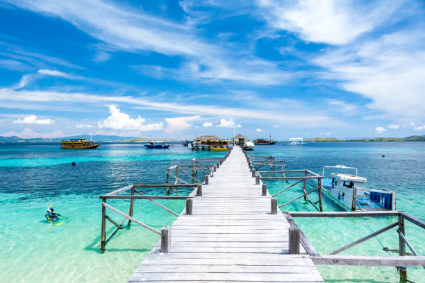 A Long Wooden Pier From The Coast of Kanawa Island A Wooden Pier From The Coast of Kanawa Island with Turquoise Sea and Tourist Boats, Kanawa Island, Komodo National Park, Labuan Bajo, Indonesia pulau komodo stock pictures, royalty-free photos & images