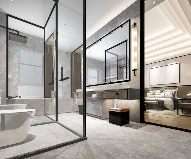 istock 3d rendering luxury modern design bathroom and toilet 1000857928